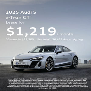 Angled front view of 2025 Audi S e-tron GT parked